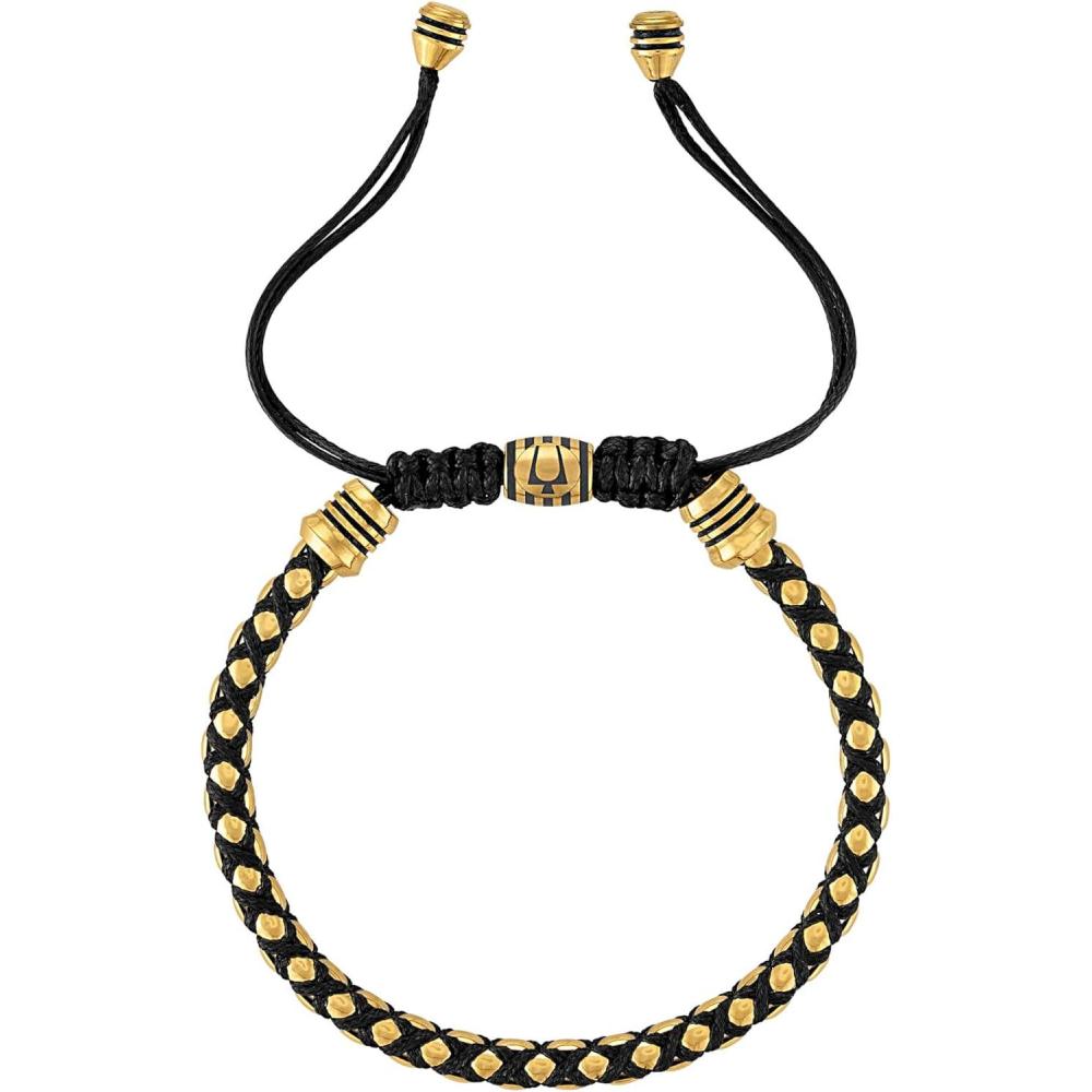 imageBulova Mens Jewelry Polished GoldTone Stainless Steel Bracelet Rounded Box Chain Links Black Cords Signature Tuning Fork Logo Style BVB1089G6STBA