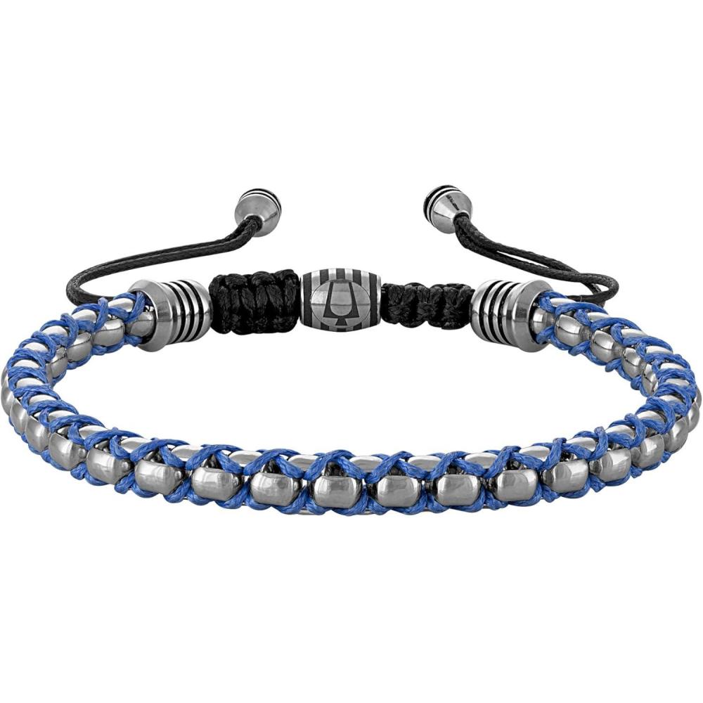 imageBulova Mens Jewelry Polished GoldTone Stainless Steel Bracelet Rounded Box Chain Links Blue Cords Signature Tuning Fork Logo Style BVB1089SLSTNA
