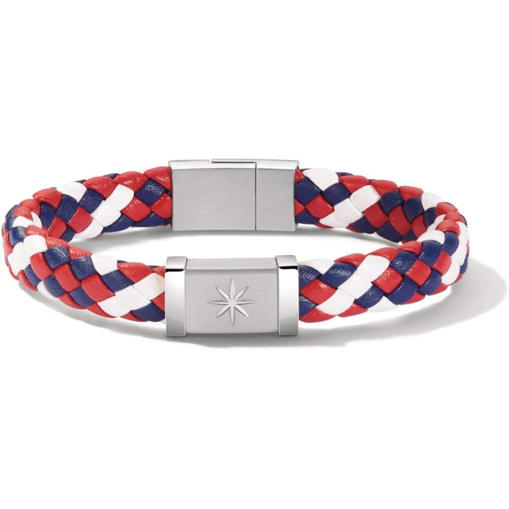 imageBulova Mens Marine Star Red White and Blue Leather Braid Bracelet with Magnetic Stainless Steel Closure Size Medium Style J96B032M