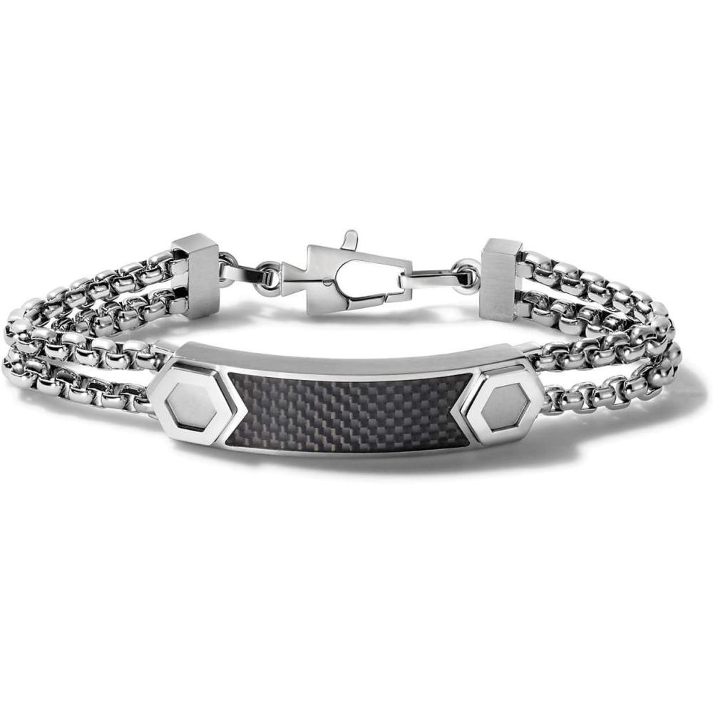 imageBulova Mens Precisionist Stainless Steel DoubleChain Link with Knurled Texture ID Plaque BraceletBlack Carbon Fiber