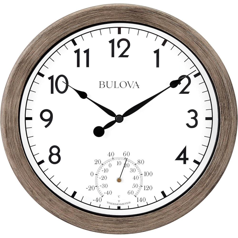 imageBulova Patio Time Wall Clock C4879 1025 RattanLook Waterproof HighImpact Case with Thermometer HighHeat Resistant Battery Operated IndoorOutdoor Decorative Clock