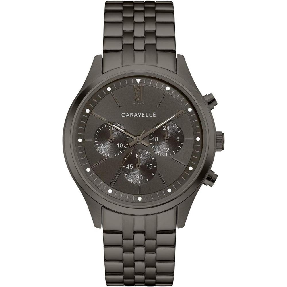 imageCaravelle Mens Dress 6Hand Chronograph Quartz Gunmetal Ion Plated Stainless Steel Watch Gray Dial 44mm Style 45A141