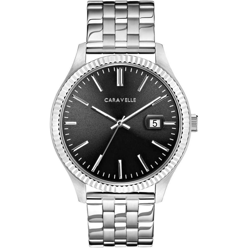 imageCaravelle by Bulova Mens Dress 3Hand Date Quartz Watch Stainless Steel Coin Edge Bezel 41mmSilverBlack Mother of Pearl