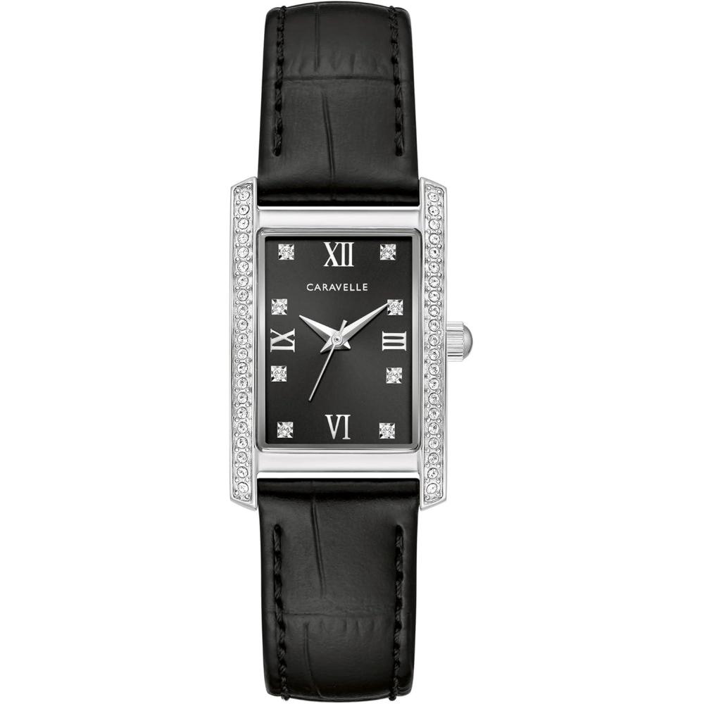 imageLadies Classic Crystal 3Hand Quartz Watch Roman Numeral Markers Rectangle Case Curved Mineral CrystalBlack Leather StrapStainless