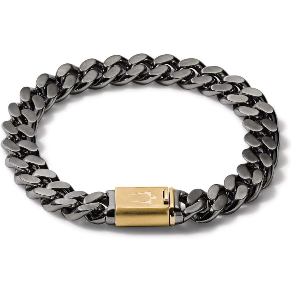 imageMens Classic Stainless Steel Chain Link Bracelet with Clasp ClosureGray Stainless SteelGold Accent