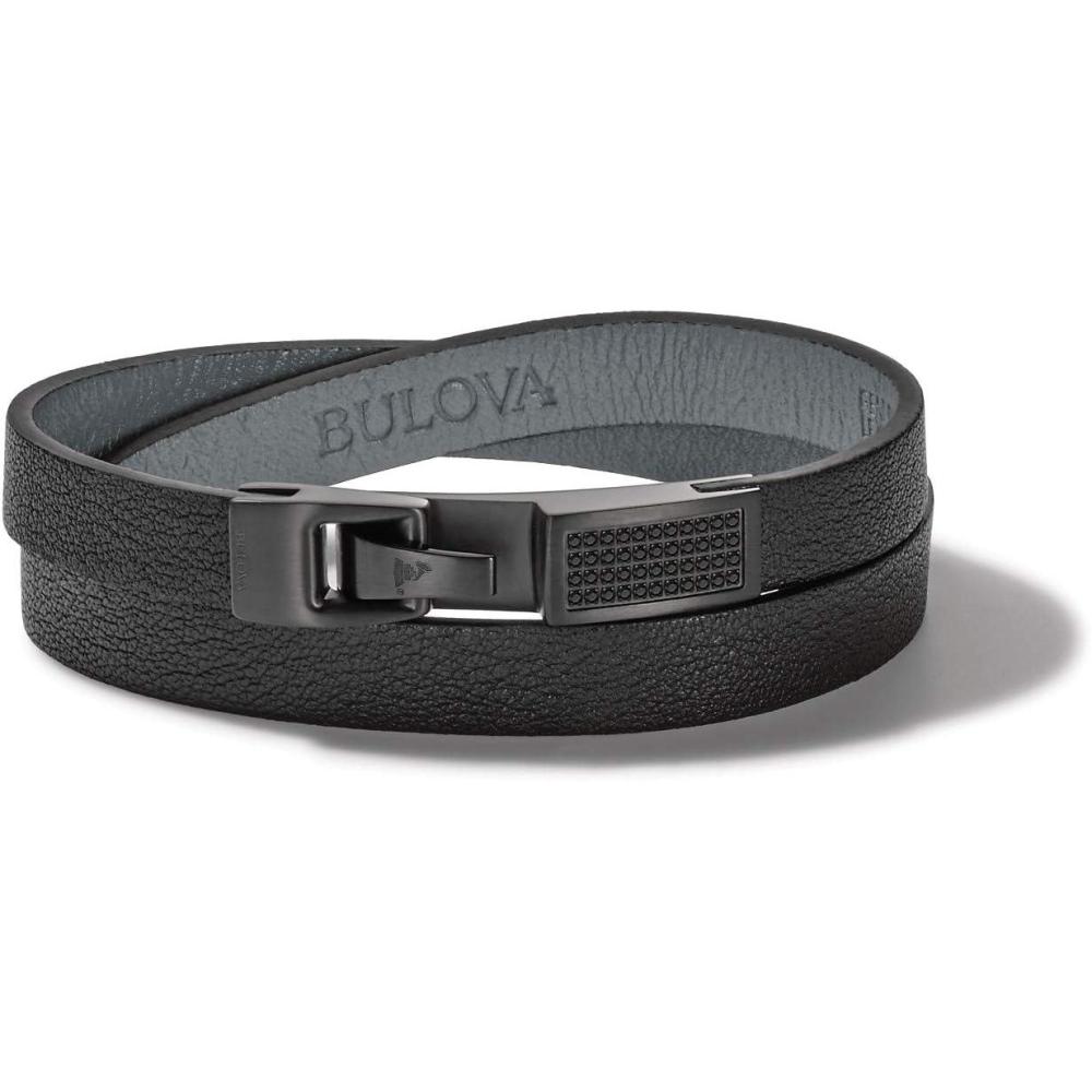 imageMens Latin GRAMMY Double Wrap Black Leather Bracelet with Diamonds and Clasp ClosureBlack Diamonds