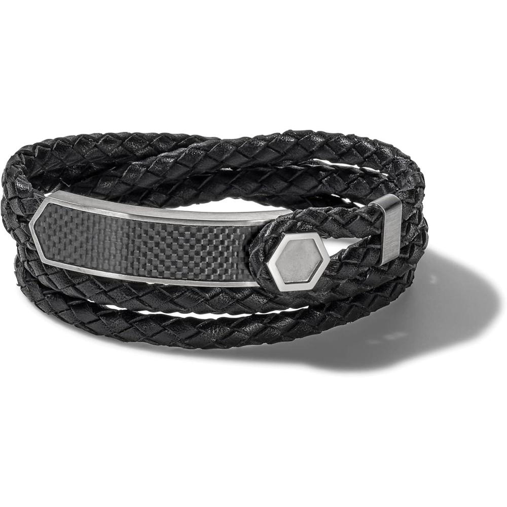 imageMens Precisionist Double Wrap Braided Leather Strap BraceletBlack Leather