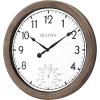 Bulova Patio Time Wall Clock C4879 | 10.25″ Rattan-Look Waterproof High-Impact Case with Thermometer | High-Heat Resistant | Battery Operated | Indoor/Outdoor Decorative Clock
