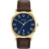 Bulova Men’s Classic 3-Hand Calendar Date Quartz Leather Strap Watch, Roman Numeral Markers, 40mm(Brown Strap/Gold Tone/ Blue Dial)