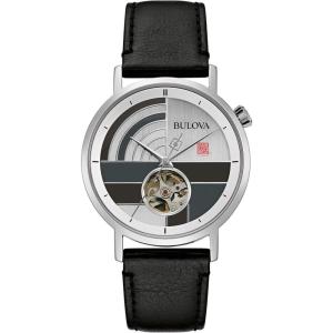 Bulova Frank Lloyd Wright ‘December Gifts’ Stainless Steel 3-Hand Automatic Watch, Black Leather Strap and Open Aperture Dial Style: 96A248
