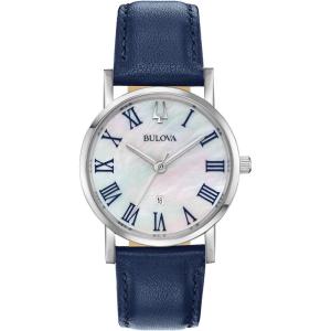 Bulova Ladies Classic Stainless Steel 3-Hand Date Quartz Slim Watch with Blue Leather Strap, Silver-Tone, 32mm Style: 96M146