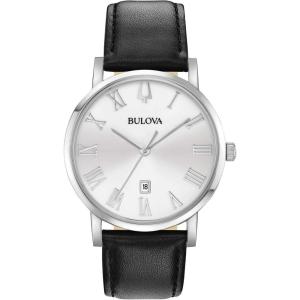 Bulova Men’s Classic 3-Hand Calendar Date Quartz Leather Strap Watch, Roman Numeral Markers, 40mm(Black Strap/Stainless/ White Dial)