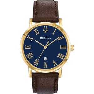 Bulova Men’s Classic 3-Hand Calendar Date Quartz Leather Strap Watch, Roman Numeral Markers, 40mm(Brown Strap/Gold Tone/ Blue Dial)