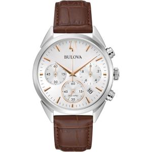 Bulova Men’s Classic Sutton 6-Hand Chronograph High Performance Quartz Stainless Steel Case Watch with Brown Leather Strap, Silver-White Dial, 41.5mm Style:96B370