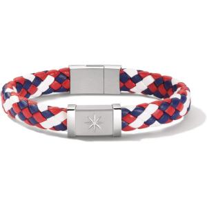 Bulova Men’s Marine Star Red, White and Blue Leather Braid Bracelet with Magnetic Stainless Steel Closure, Size: Medium, Style: J96B032M
