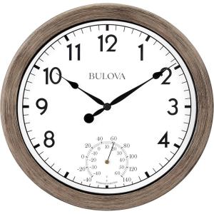 Bulova Patio Time Wall Clock C4879 | 10.25″ Rattan-Look Waterproof High-Impact Case with Thermometer | High-Heat Resistant | Battery Operated | Indoor/Outdoor Decorative Clock