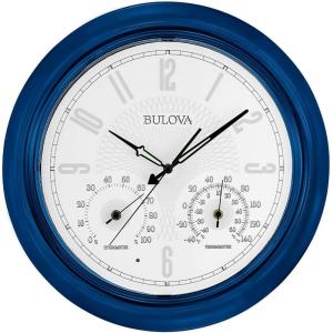 Bulova Tiverton Wall Clock C4885 | 18″ Gloss Royal Blue Metal Frame with LED Backlighting | Silent Sweep Quartz Movement | Battery Operated | Weatherproof Outdoor Décor