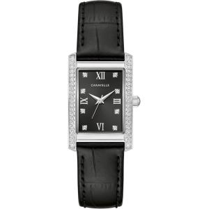 Ladies’ Classic Crystal 3-Hand Quartz Watch, Roman Numeral Markers, Rectangle Case, Curved Mineral Crystal(Black Leather Strap/Stainless)