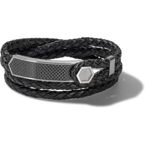Men’s Precisionist Double Wrap Braided Leather Strap Bracelet(Black Leather)