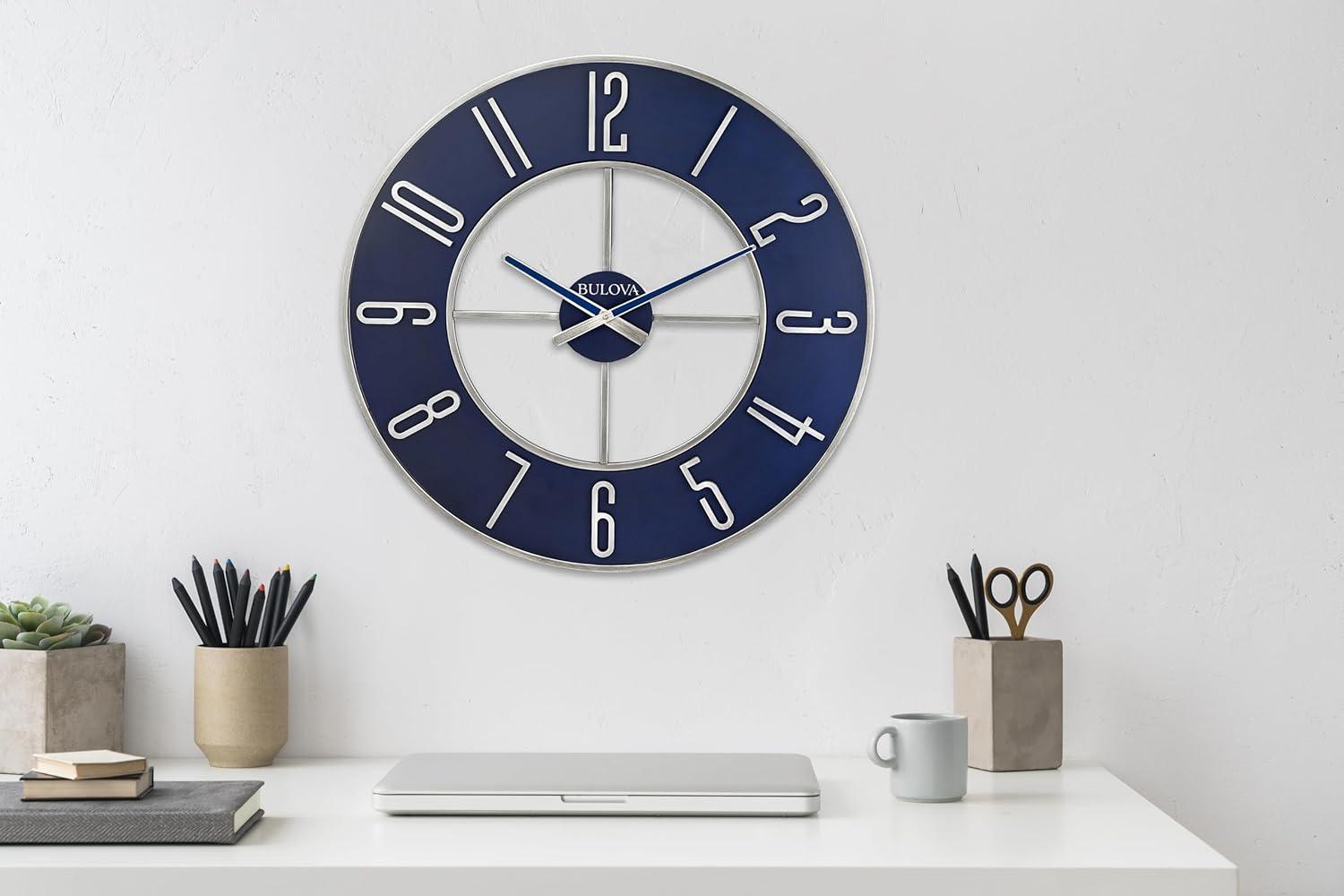 imageBulova Blue Steel Oversize Wall Clock Model C4809 27 Diameter Sleek Silver and Blue Finish Contemporary Design Battery Operated