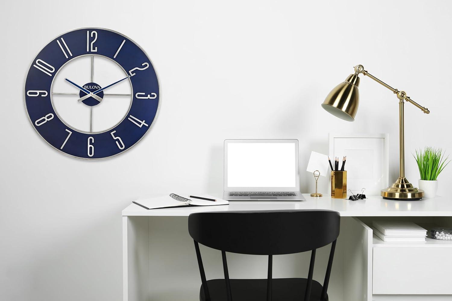 imageBulova Blue Steel Oversize Wall Clock Model C4809 27 Diameter Sleek Silver and Blue Finish Contemporary Design Battery Operated