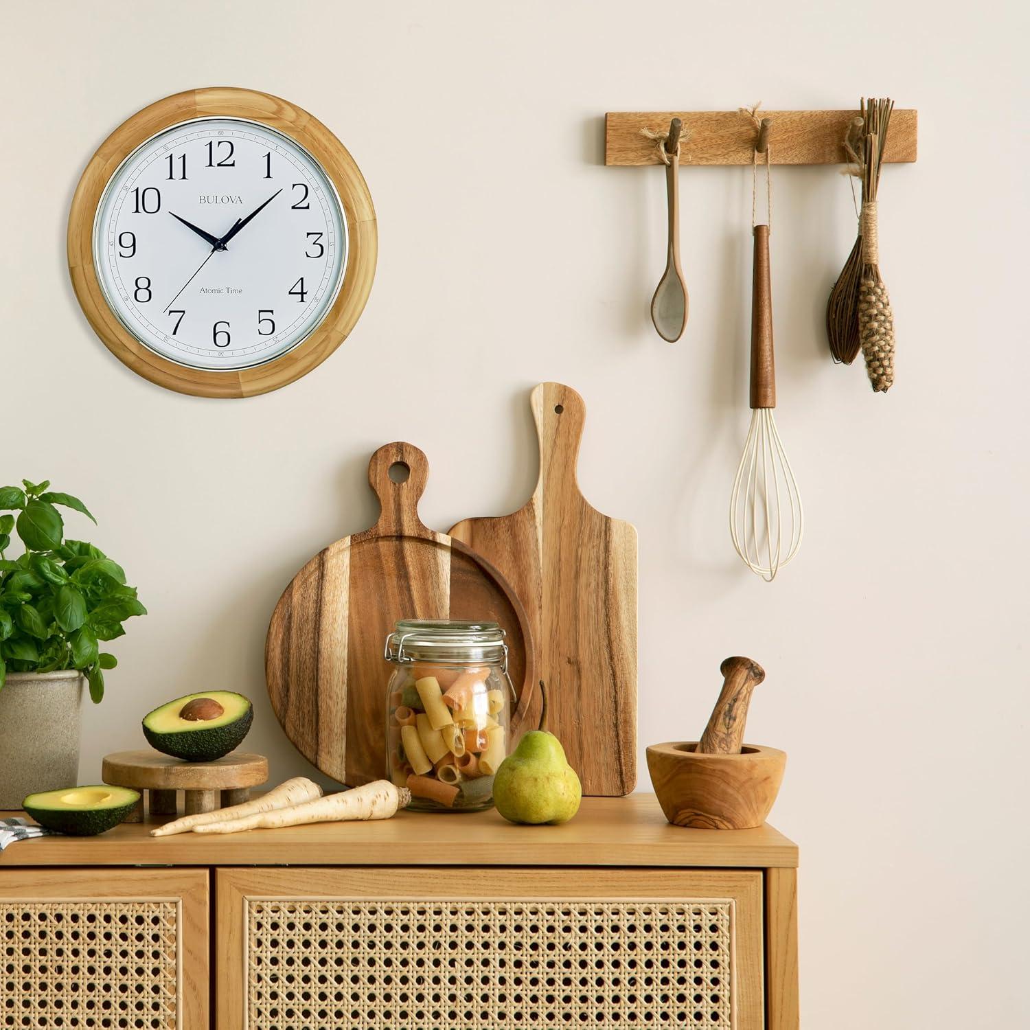 imageBulova C5005 Wooden Atomic Analog Wall Clock Automatically Sets Time Large Roman Numerals Battery Operated Traditional Design