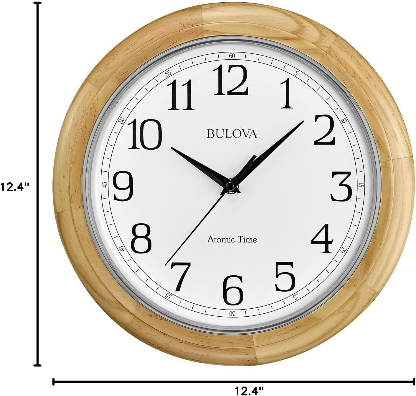 imageBulova C5005 Wooden Atomic Analog Wall Clock Automatically Sets Time Large Roman Numerals Battery Operated Traditional Design