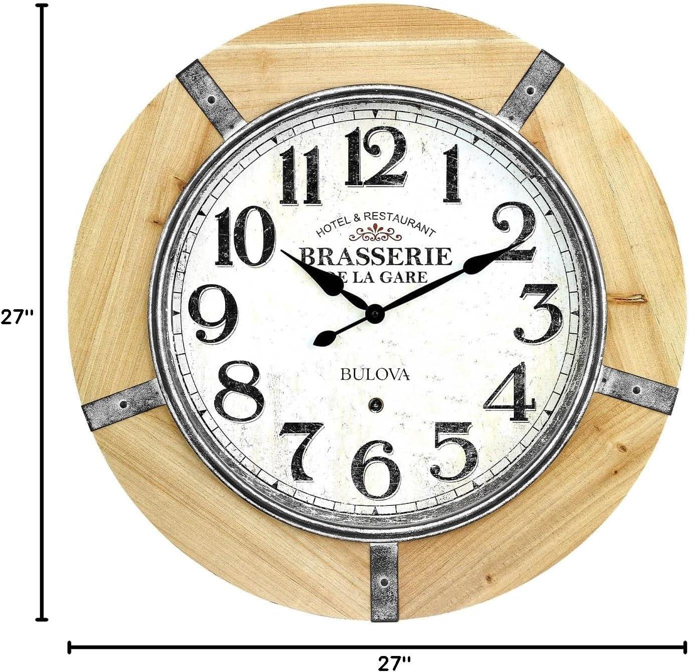 imageBulova Le Brasserie Wall Clock C3396 27 Solid Hardwood Frame with Aged ParchmentStyle Dial Quartz Movement Battery Operated VintageInspired Oversized Design