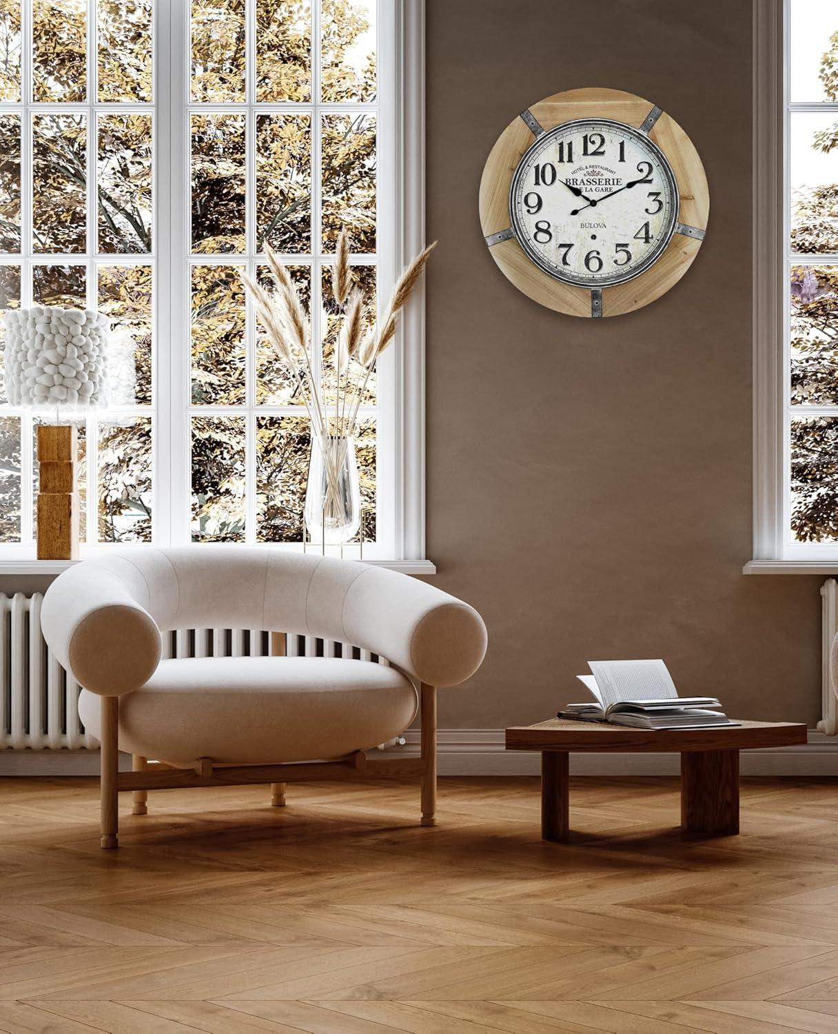 imageBulova Le Brasserie Wall Clock C3396 27 Solid Hardwood Frame with Aged ParchmentStyle Dial Quartz Movement Battery Operated VintageInspired Oversized Design