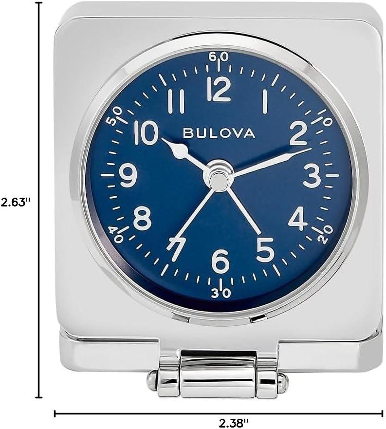 imageBulova Travel Hack Alarm Clock B1882 VintageInspired Flip Cover Design with Blue Dial Quartz Movement Battery Included Compact Travel Clock with Gift Pouch