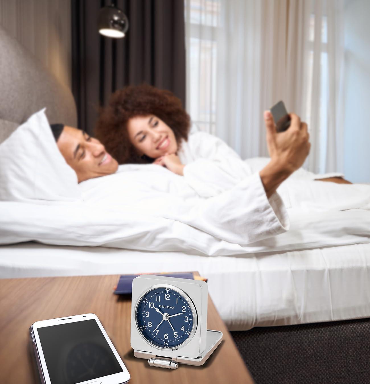 imageBulova Travel Hack Alarm Clock B1882 VintageInspired Flip Cover Design with Blue Dial Quartz Movement Battery Included Compact Travel Clock with Gift Pouch