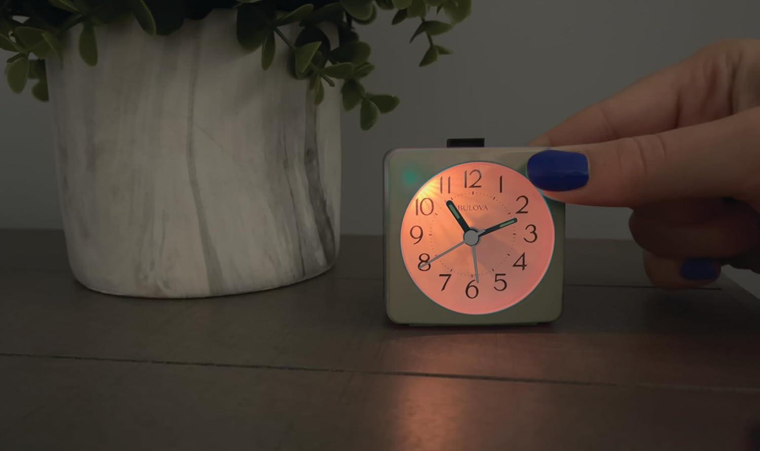 imageBulova Violet Travel Alarm Clock B1876 Compact Design with Lighted Dial amp Silent Sweep Quartz Movement Battery Operated Ascending Beep Alarm for Home or Travel