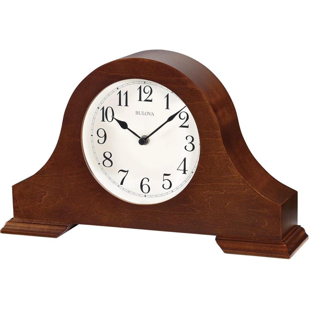 imageBulova B1931 Sturbridge Brown Cherry Hardwood Tambour Shape Decorative Mantel and Table Top Clock with Cream Dial and Metal Spade Hands