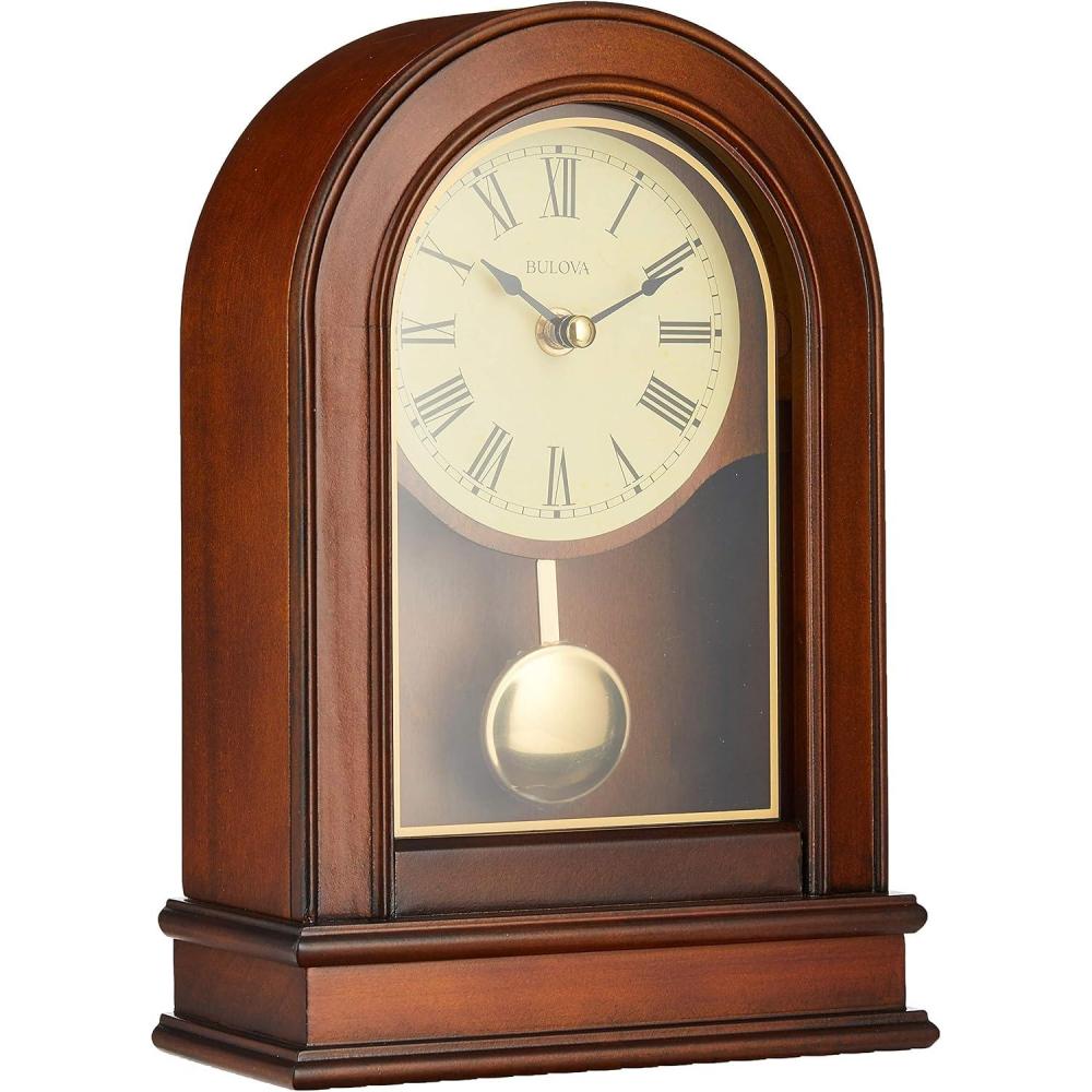 imageBulova B7467 Hardwick Mantel Clock Traditional Hardwood Case with Walnut Finish Roman Numerals Elegant Timepiece for Home or OfficeWalnut Brown