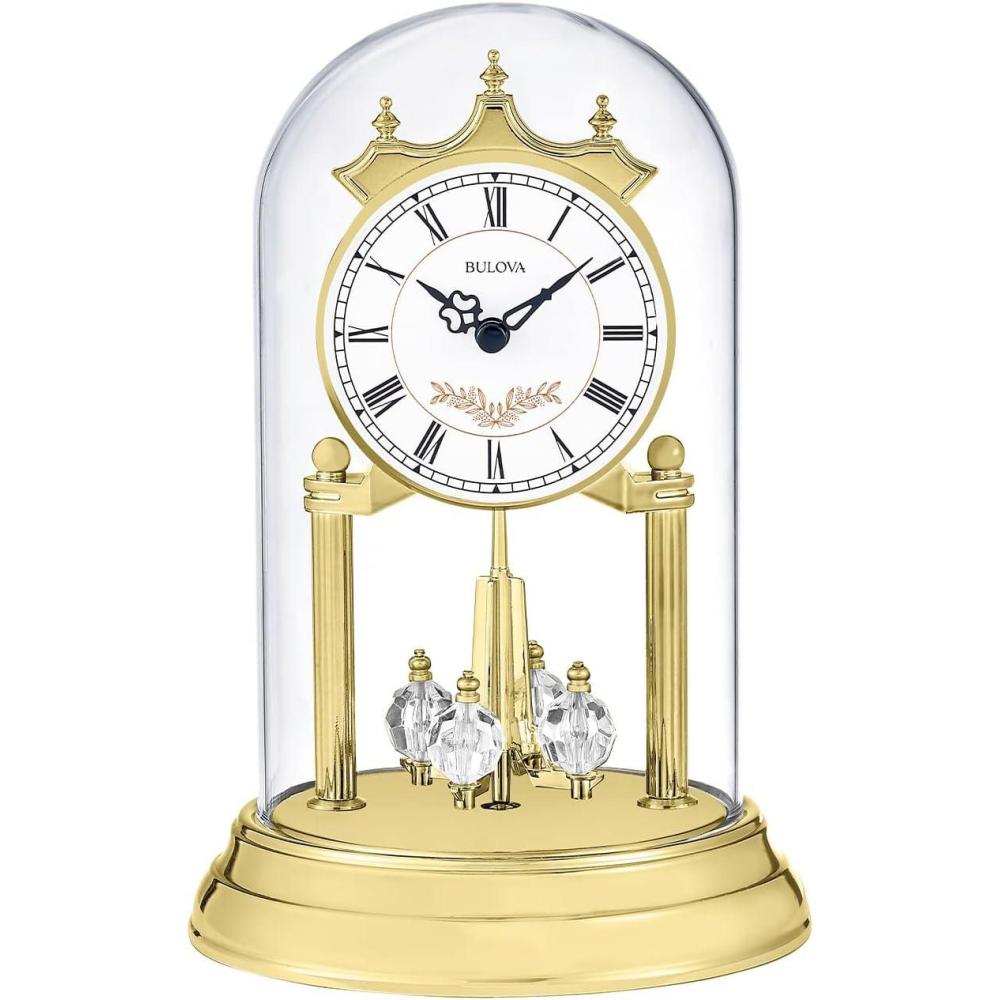 imageBulova B8821 Heather Anniversary Clock 9 Glass Dome Design Rotating Crystal Pendulum Westminster Chime Engraving Plate