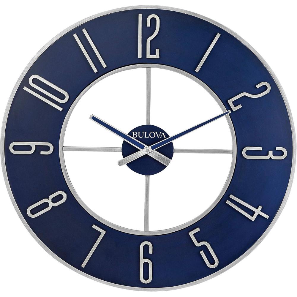 imageBulova Blue Steel Oversize Wall Clock Model C4809 27 Diameter Sleek Silver and Blue Finish Contemporary Design Battery Operated