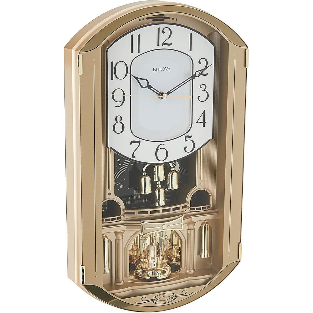 imageBulova C4900 Golden Music Wall Clock GoldTone Case with Rotating Crystal Pendulum 12 Melodies Adjustable Volume Night Shutoff