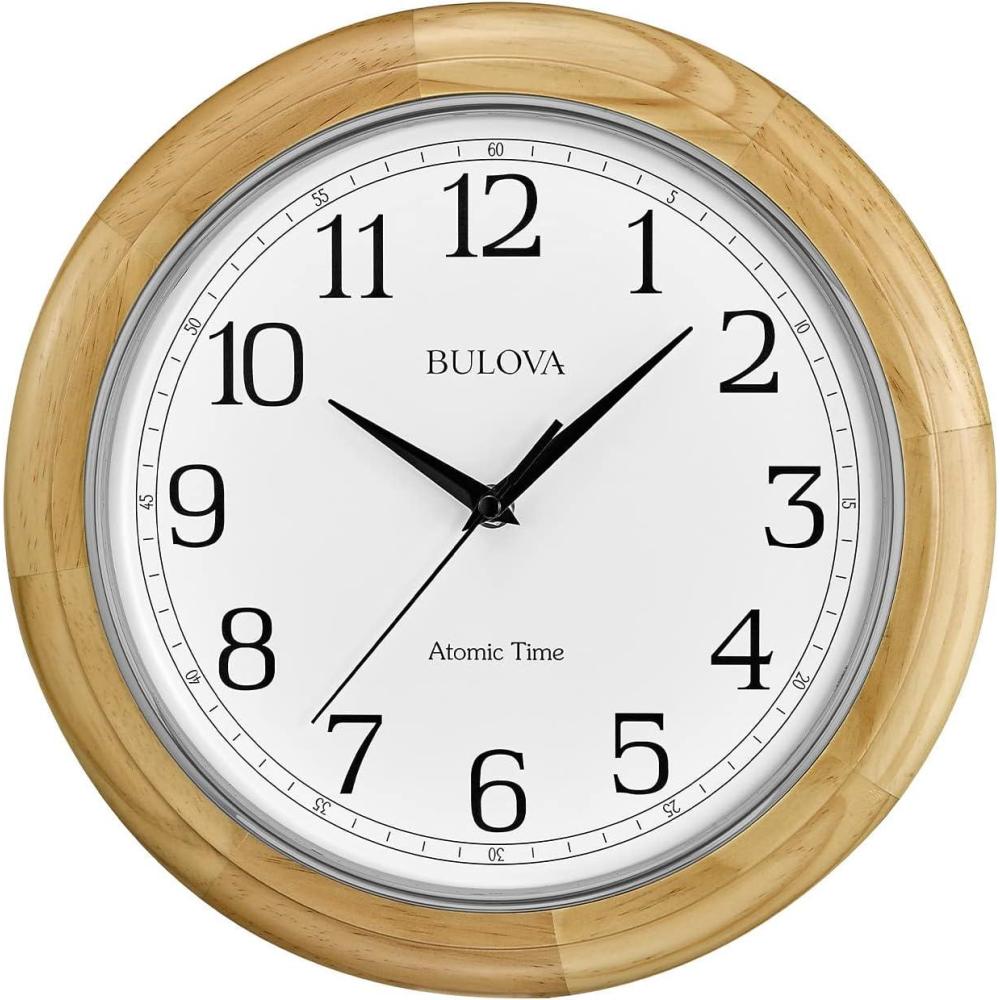 imageBulova C5005 Wooden Atomic Analog Wall Clock Automatically Sets Time Large Roman Numerals Battery Operated Traditional Design