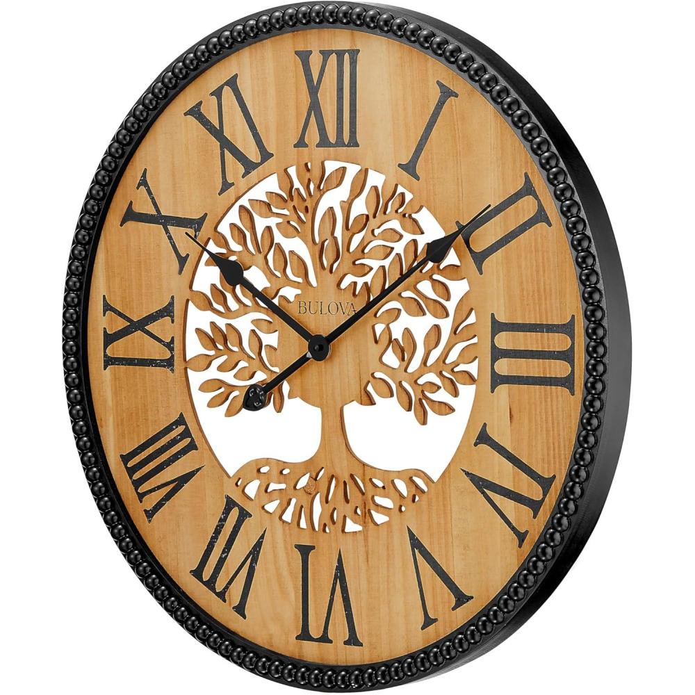 imageBulova Clocks C4378 Orchard 235 Rustic Wooden Wall Clock Pine Dial with LaserCut Tree Black Roman Numerals Raised Beaded Frame Quartz Movement