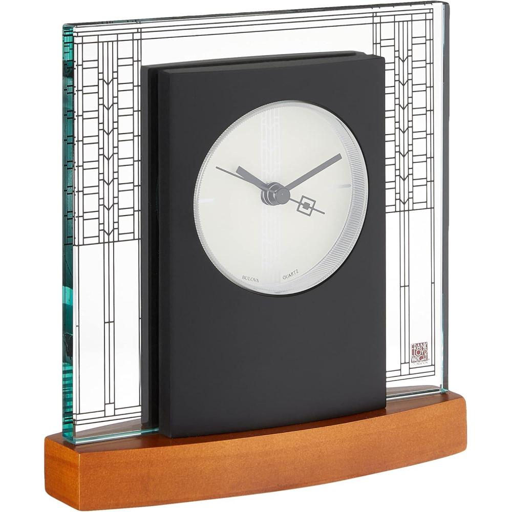 imageBulova Glasner House Desk Clock B7750 625 Cherry Wood Base with Frank Lloyd Wright Art Glass Design Silent Sweep Quartz Movement Battery Operated Architectural Accent Clock