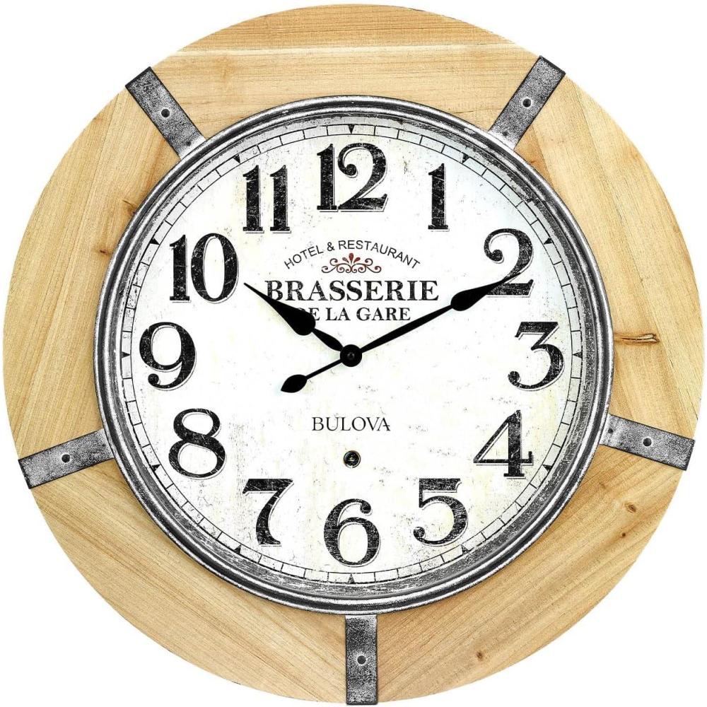 imageBulova Le Brasserie Wall Clock C3396 27 Solid Hardwood Frame with Aged ParchmentStyle Dial Quartz Movement Battery Operated VintageInspired Oversized Design