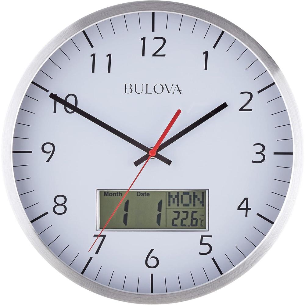 imageBulova Manager Wall Clock C4810 14 Brushed Aluminum Industrial Frame with Digital Date amp Temperature Display Silent Sweep Quartz Movement Battery Operated Office amp Home Dcor