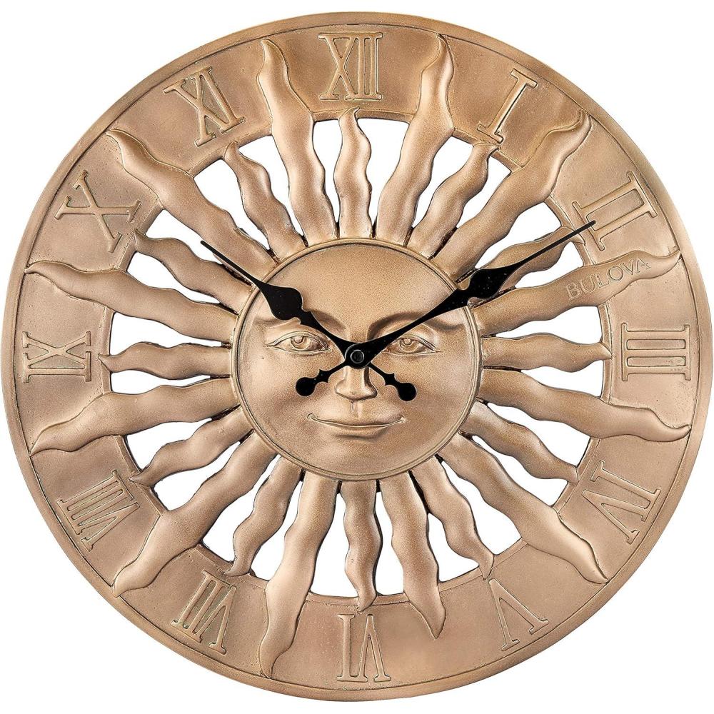 imageBulova Sunrise Wall Clock C4860 143 3D Sunburst Resin Design with Roman Numerals Silent Quartz Movement Battery Operated IndoorOutdoor Dcor
