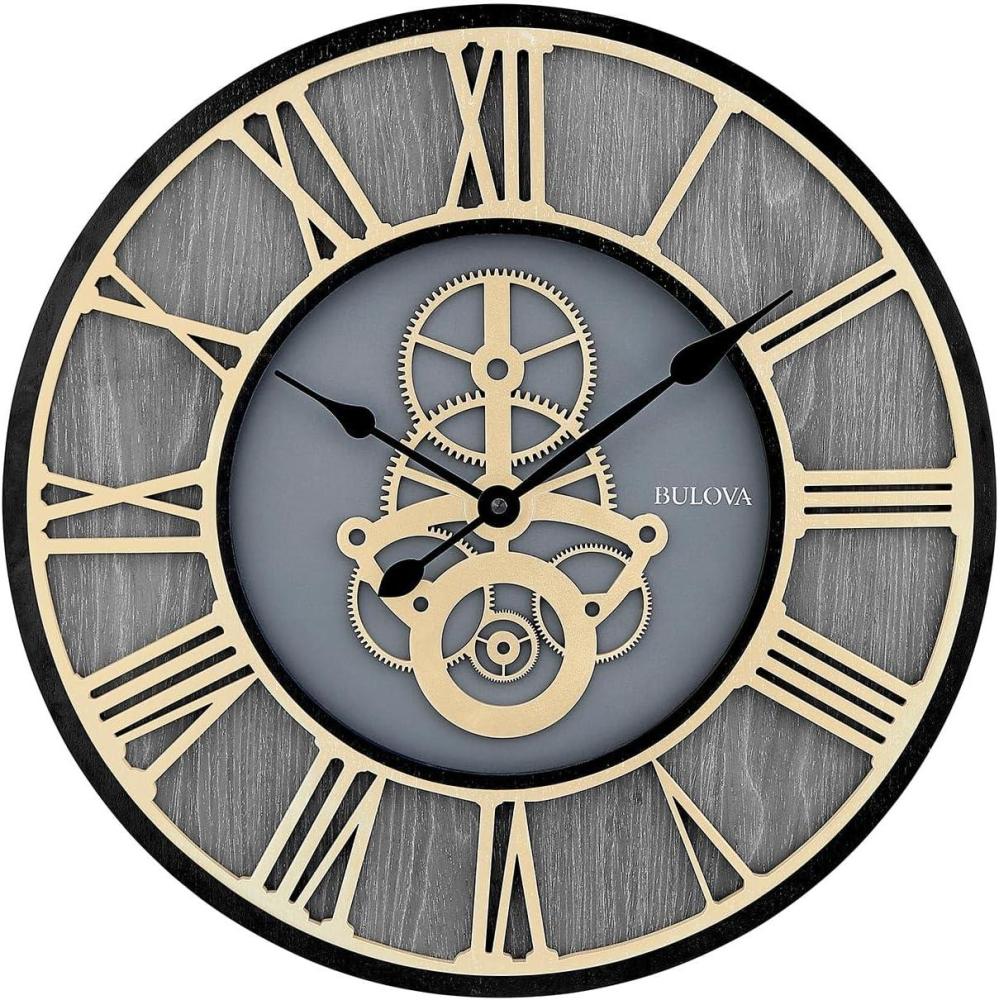 imageBulova Timepiece Gear Wall Clock C4347 20 Ash Veneer Frame with Gold Roman Numerals Quartz Movement Battery Operated IndustrialInspired Design