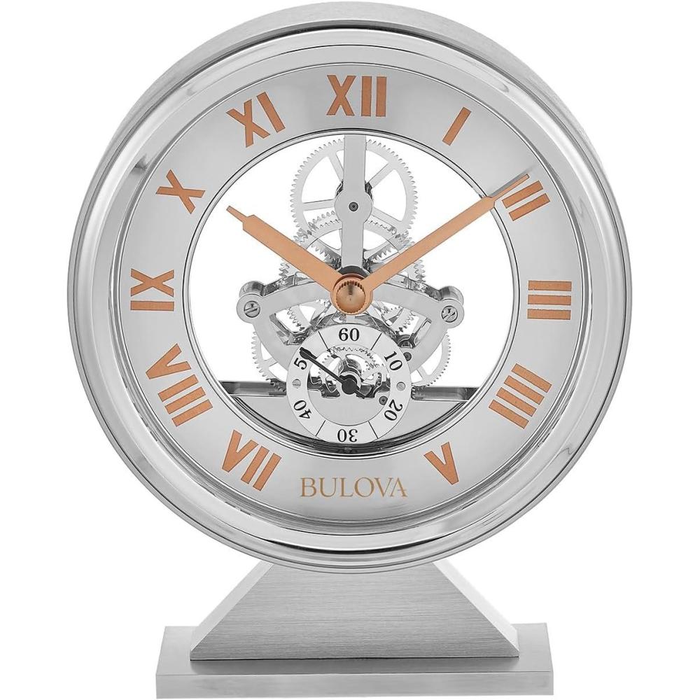 imageBulova Torrance Brushed Aluminum Clock B1721 Exposed Skeleton Design Quartz Movement Glass Panel Design 525 x 65 Inch