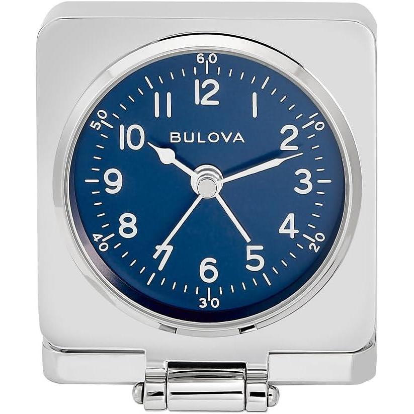 imageBulova Travel Hack Alarm Clock B1882 VintageInspired Flip Cover Design with Blue Dial Quartz Movement Battery Included Compact Travel Clock with Gift Pouch