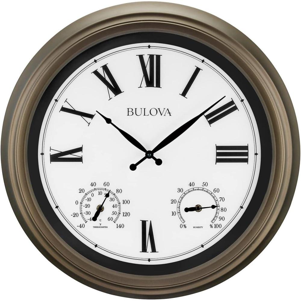 imageBulova Vineyard Illuminated Wall Clock C4886 22 Matte Bronze Metal Frame with Backlit Dial Builtin Thermometer amp Hygrometer Battery Operated Weatherproof Outdoor Dcor