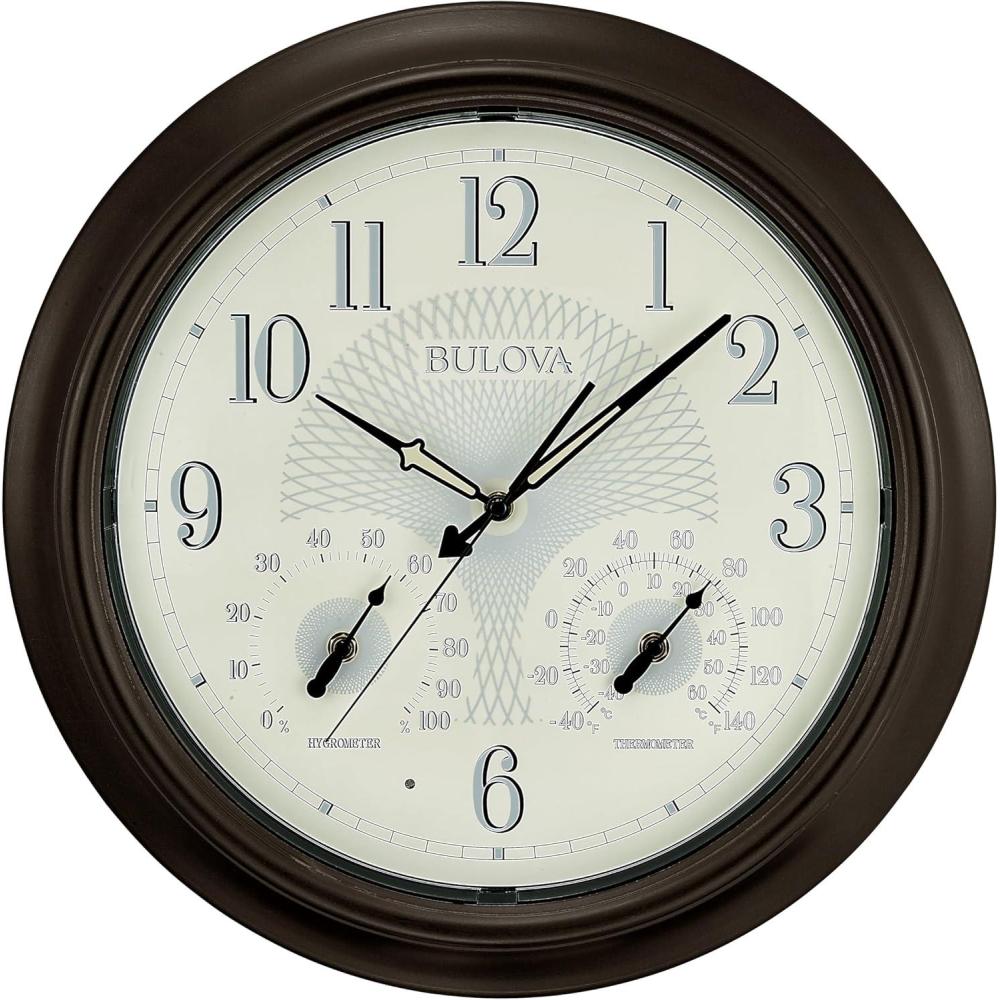 imageBulova Weather Master Wall Clock C4813 18 Burnished Bronze Metal Frame with LED Illumination Thermometer amp Hygrometer Silent Sweep Quartz Movement Weatherproof Outdoor Dcor