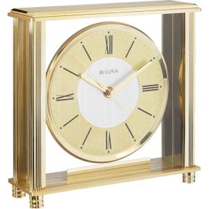 Bulova B1700 Grand Prix Table Clock | Brass MetalFinish | Glass Enclosure with Two-Tone Metal Dial | Quiet Sweep | Elegant Desktop Timepiece for Offices & Collectors