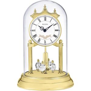 Bulova B8821 Heather Anniversary Clock | 9″ Glass Dome Design | Rotating Crystal Pendulum | Westminster Chime | Engraving Plate